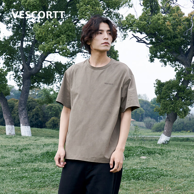 VESCORTT植物染色200g精梳有机棉 夏季纯棉微落肩男款纯色短袖T恤 紫草棕 L