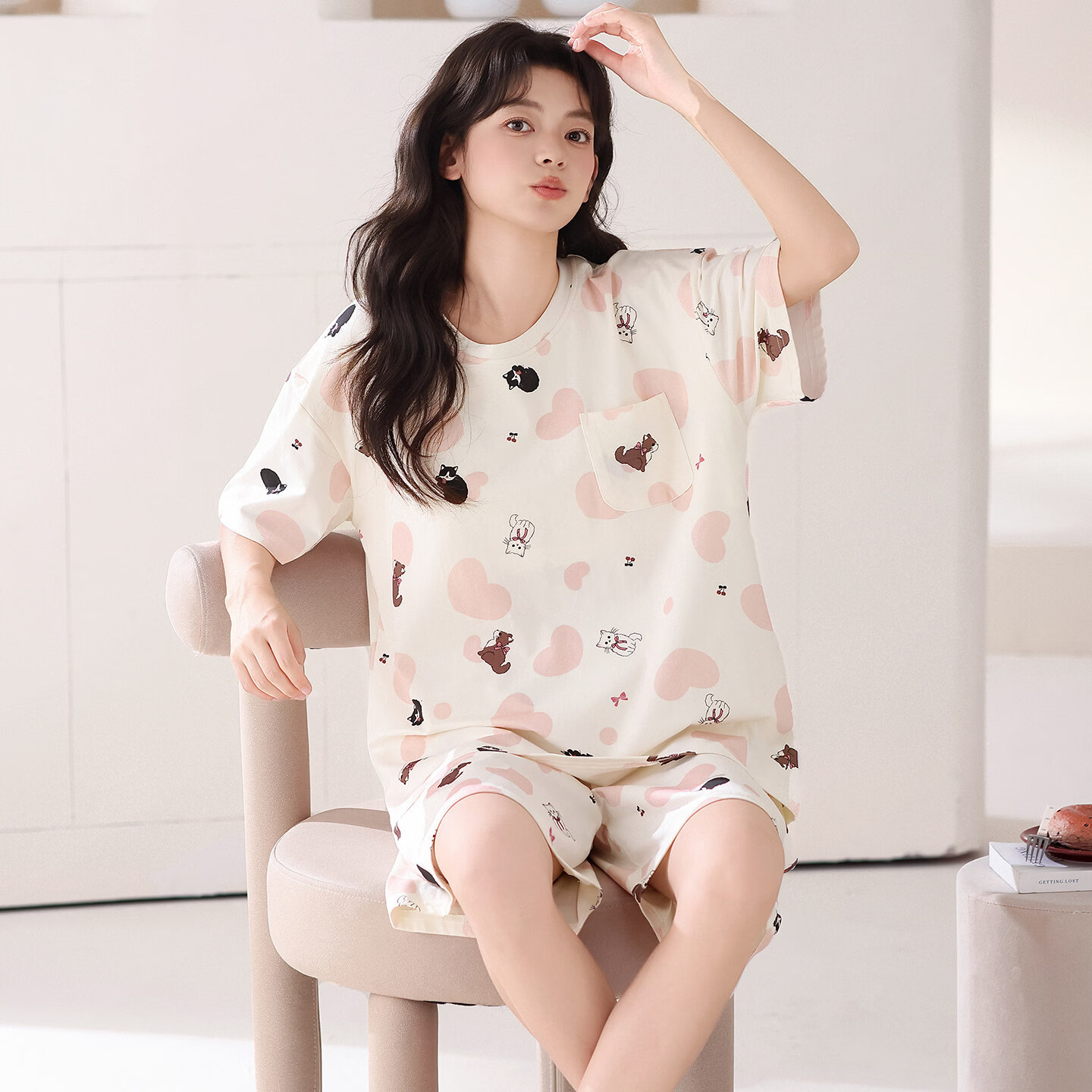 雅鹿睡衣夏季女款100%纯棉甜美短袖短裤新款简约休闲家居服套装 NSALM-粉色爱心 【100%纯棉】 L 【推荐体重100-120斤】