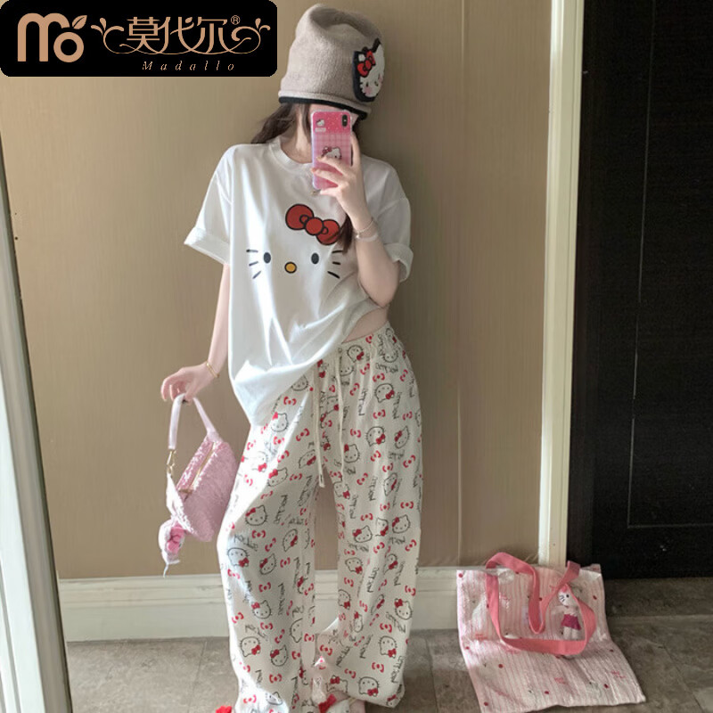 莫代尔可爱Hellokitty睡衣女夏季纯棉短袖长裤卡通学生少女家居服两件套 0510#短袖长裤 XL