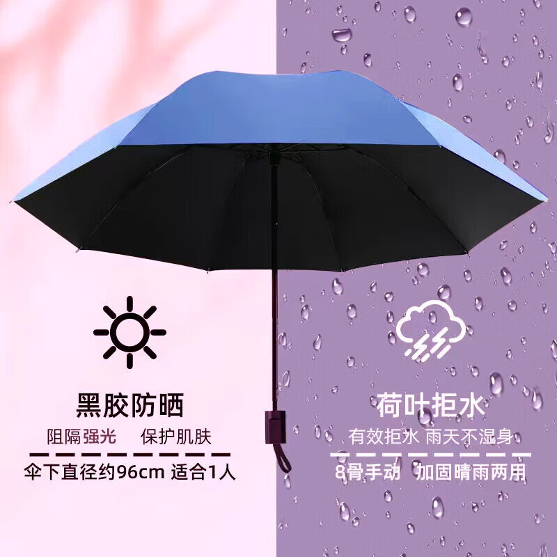 【甄选直发】晴雨两用8骨水果折叠黑胶UV防晒遮阳晴雨两用伞柠自 纯色【蓝色】UV 手动 手动开合
