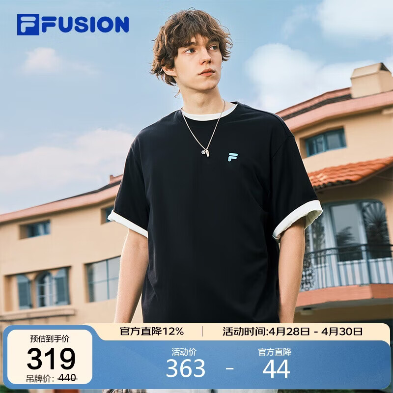 FILA FUSION斐乐潮牌章昊同款情侣款针织短袖衫2026春休闲宽松纯棉T恤