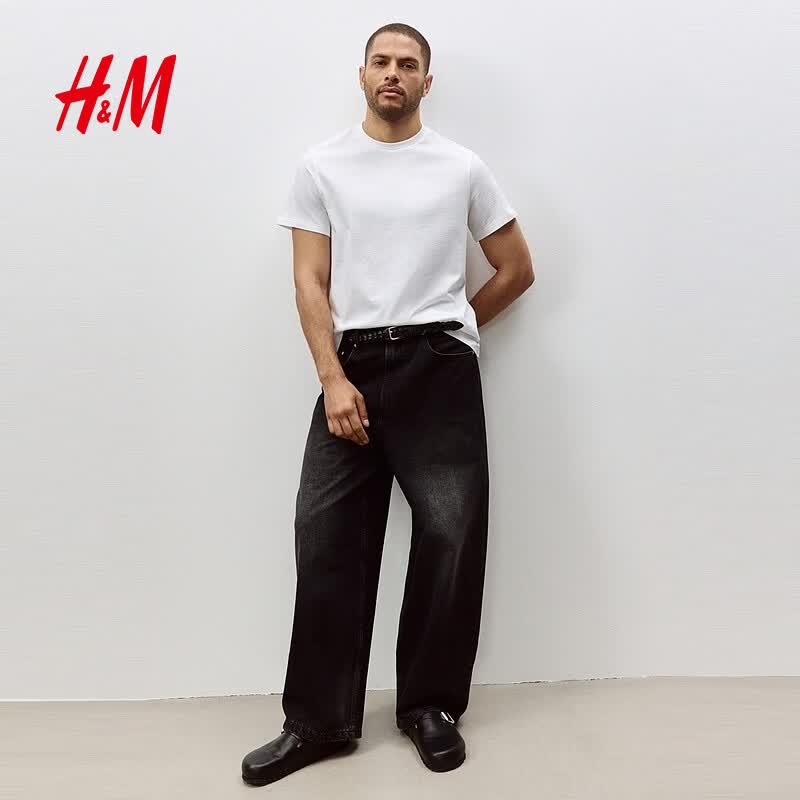 H&amp;M男装女装T恤夏季透气圆领运动短袖内搭简约上衣正肩T恤0685816 白色 M 175/100