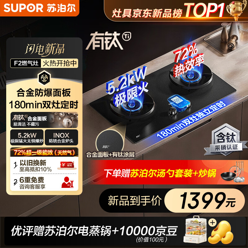 苏泊尔（SUPOR）有钛防爆燃气灶 双灶具一级能效煤气灶 5.2kW双边定时72%高热效 JZT-Z-F2天然气
