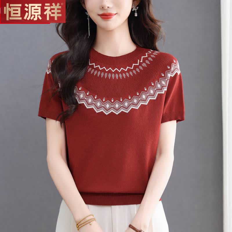 恒源祥清凉夏季2026新款圆领T恤女百搭宽松显瘦薄短袖桑蚕丝上衣 驼色 4XL 适合150-175斤