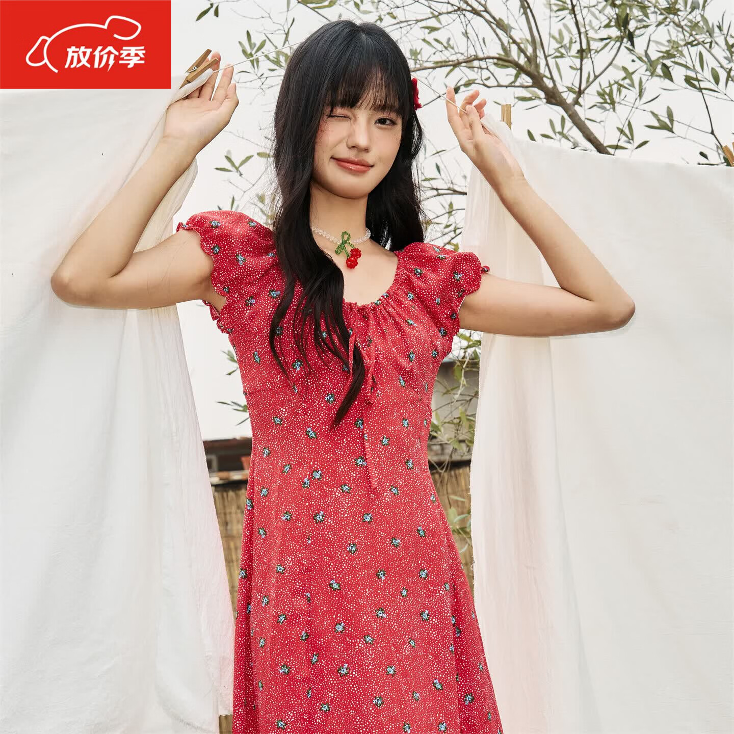 CLOUD SEASON轻奢草莓派碎花连衣裙2025新款今年流行爆款法式连衣裙 红色 * S