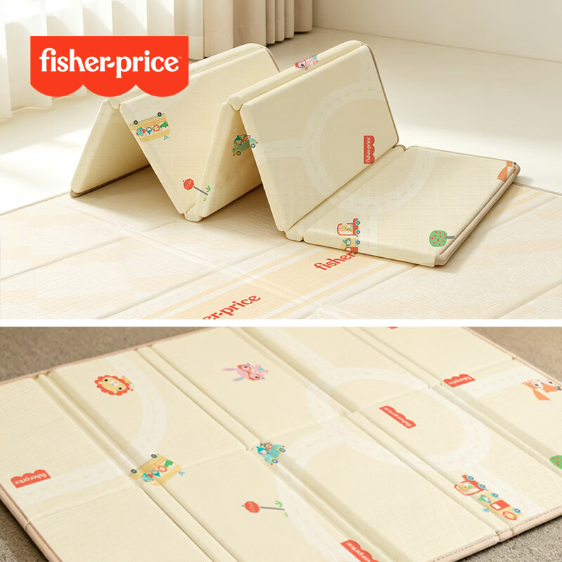 费雪(Fisher-Price)宝宝爬爬垫婴儿折叠垫无味IXPE客厅地垫儿童加厚爬行垫泡沫防摔 抗污耐磨【覆膜+蜂氧棉IXPE-压边】卡通动物+大巴车 150*180*2cm【甲酰胺甲醛N.D. 99%抗菌】