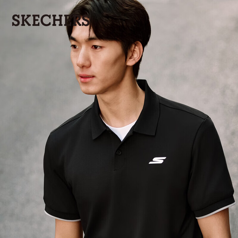 斯凯奇（Skechers）男士针织短袖休闲舒适POLO衫P226M006 碳黑 M