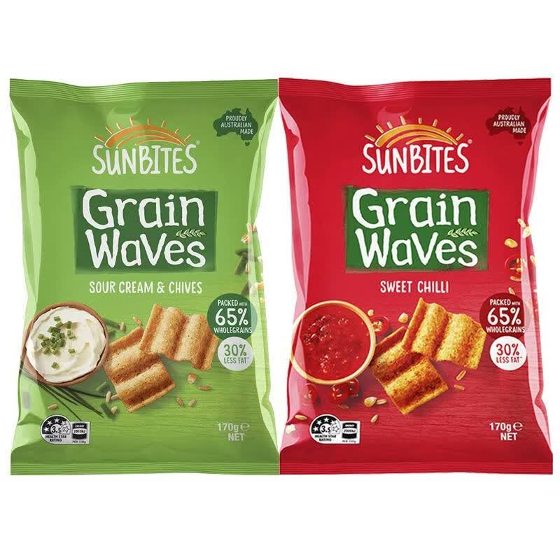 Sunbites进口澳洲零食sunbites酸奶油洋葱甜辣味波浪形谷物脆片薯片 甜辣味1袋+酸奶油香葱味1袋