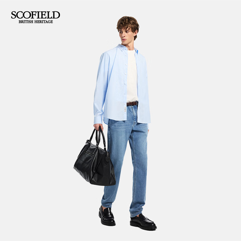 Scofield男装26年夏季新款翻领休闲舒适100%棉长袖蓝色通勤衬衫 浅蓝色 L (175)
