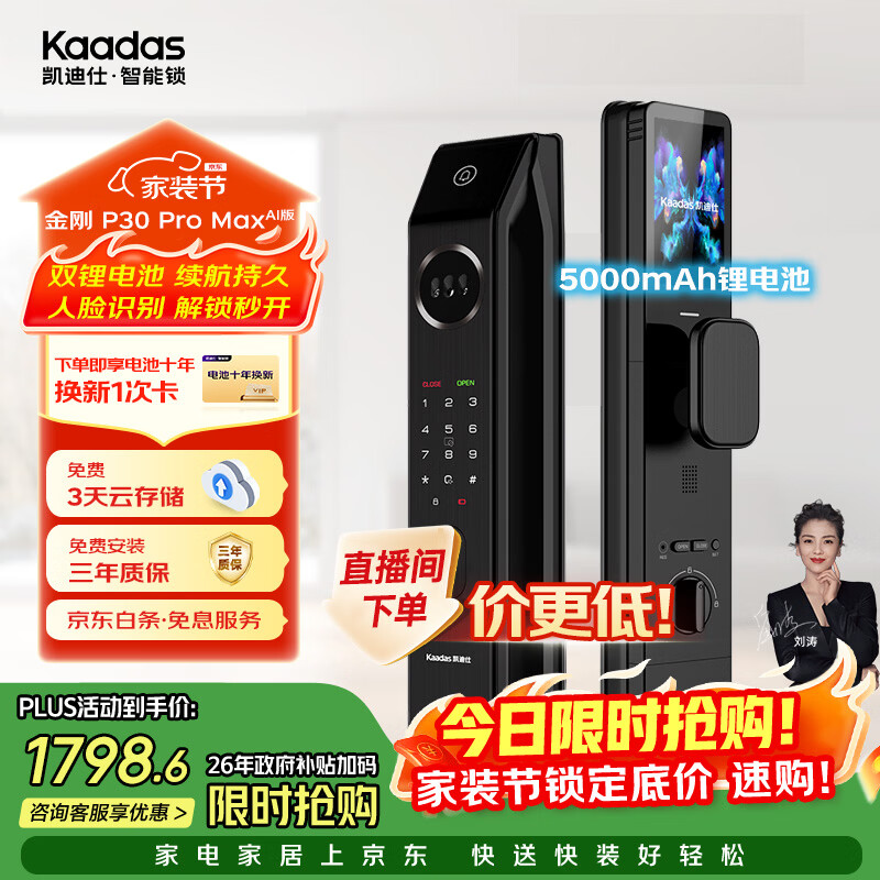 凯迪仕（KAADAS）智能锁人脸识别指纹锁 可视猫眼大屏智能门锁  P30 Pro Max AI版