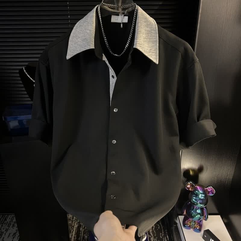 花花公子（PLAYBOY）痞帅拼接短袖衬衫男士夏季潮流休闲宽松时尚新款撞色百搭衬衣 黑色 M 建议70-90斤