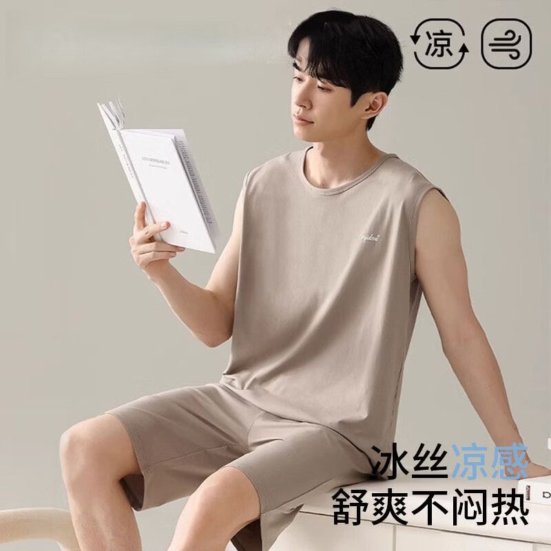 雅鹿2026年新款莫代尔睡衣男士夏季无袖背心短裤休闲可外穿家居服套装 NSBZM-浅咖色-背心款 L -(建议100-130斤)