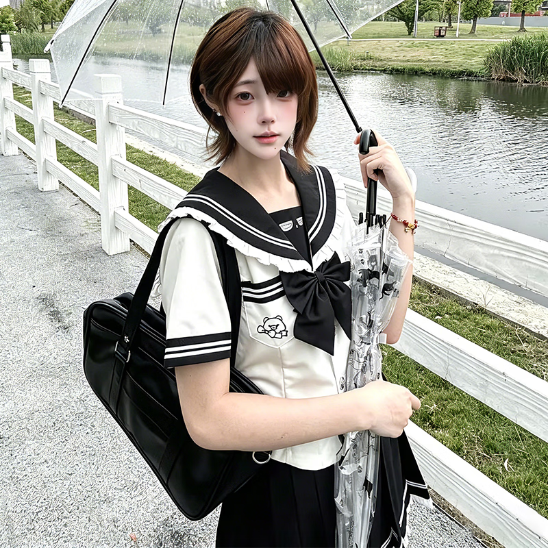 川奈香【月白序】水手服正版原创jk制服短袖学院风百褶裙制服套装 白色款上衣+裙子+黑领结一套 外宋小物 M 90-100斤
