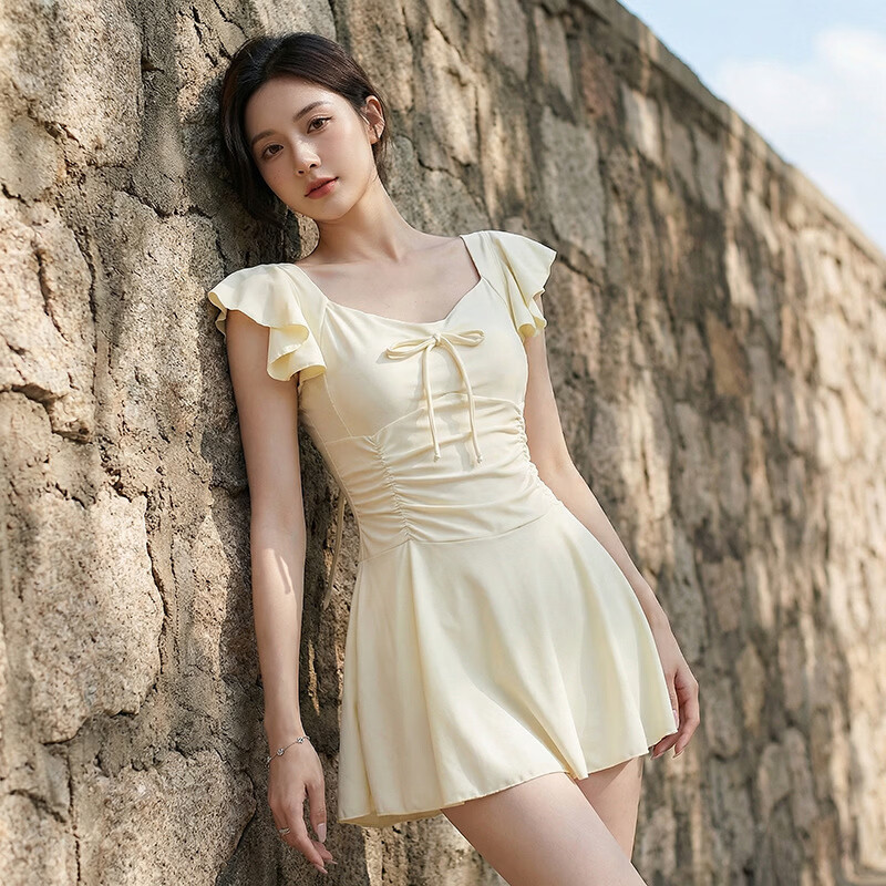 东方骆驼（EASTERN CAMEL）泳衣女裙式连体保守遮肚显瘦韩版ins超仙高级感小胸聚拢温泉泳装 米白 S 【建议70-85斤】