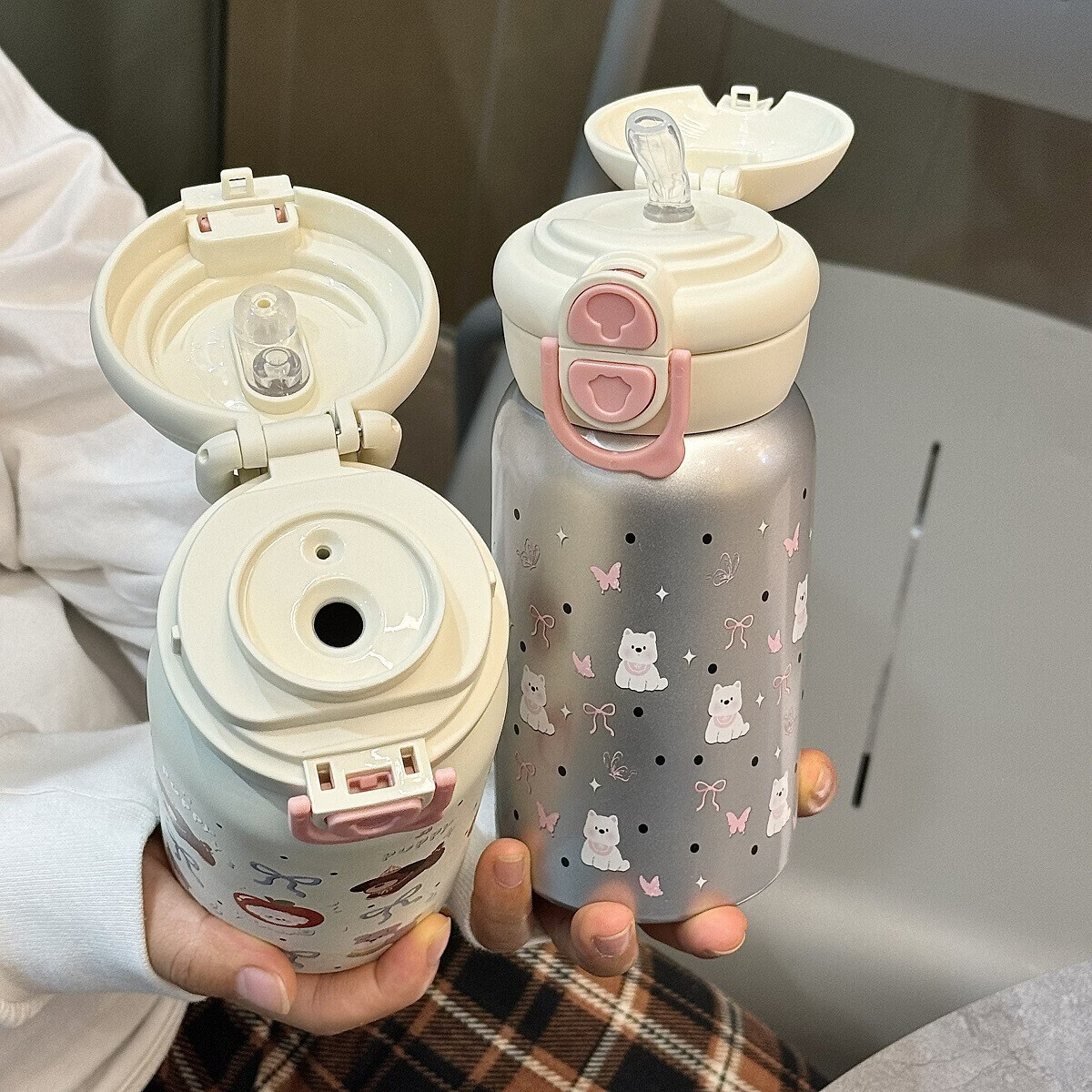 溥畔双饮水杯女高颜值可爱学生便携不锈钢吸管子 西高地双饮杯+白色500ML(PC款)
