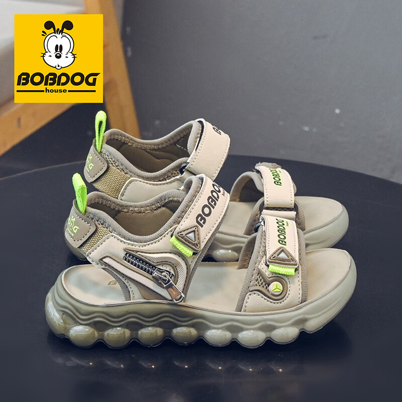 巴布豆(BOBDOG)童鞋儿童运动鞋凉鞋2026新款百搭鞋子夏季男童露趾透气沙滩鞋 米灰/浅军 33 适合脚长19.9cm