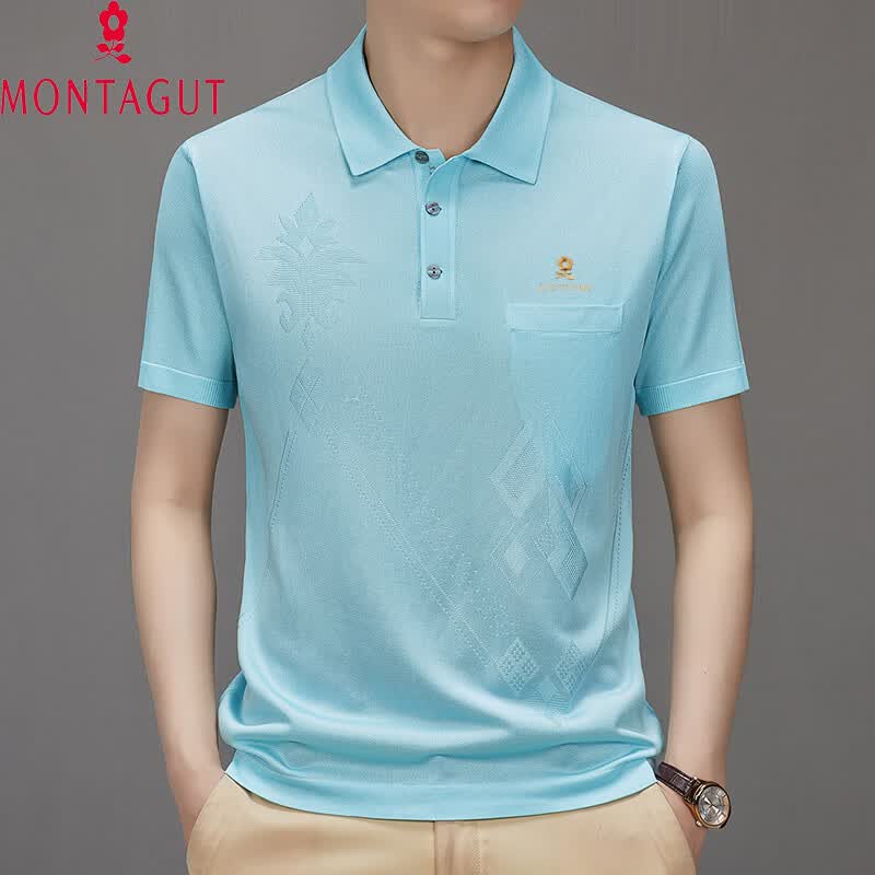 MONTAGUT梦特娇（MONTAGUT）夏季翻领短袖T恤男士桑蚕丝半袖高端薄款上衣 水蓝 薄款 M1688 4XL