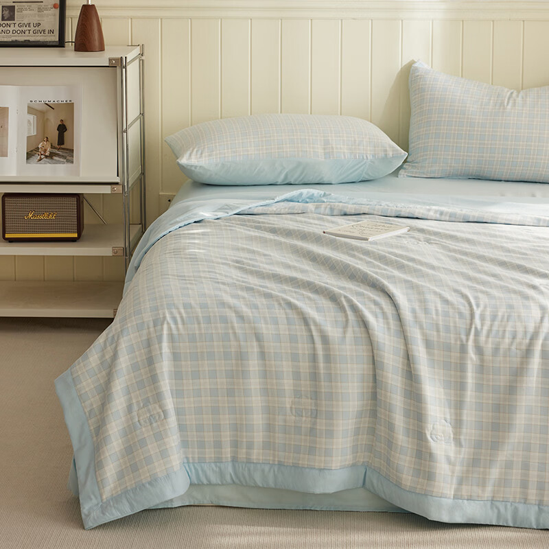多喜爱（Dohia）夏凉被子空调被芯棉被子春秋四季通用家用卧室透气不闷汗夏凉被子 全棉填充透气夏凉被【格纹蓝】 1.5-1.8米床适用【203*229cm】 夏被