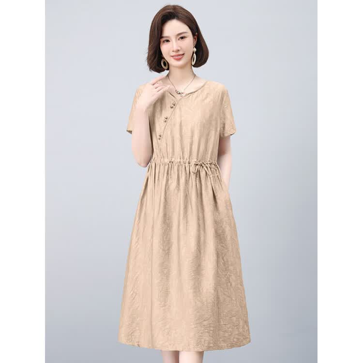 花花公子（PLAYBOY）新中式天丝亚麻A字连衣裙2026夏装妈妈中长款 杏色 【版】 2XL