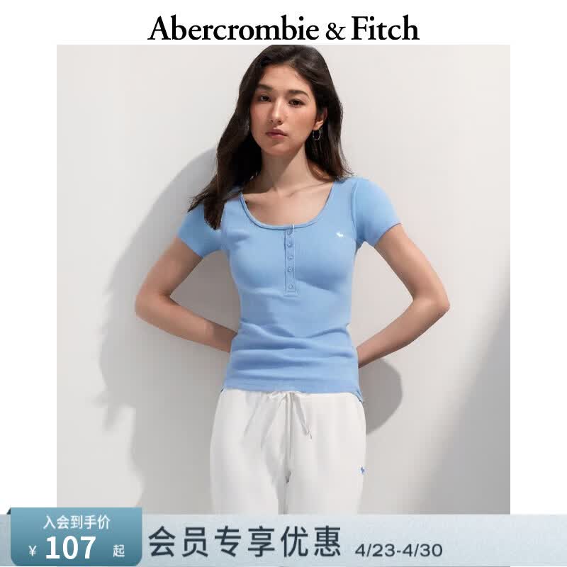 Abercrombie &amp; Fitch【多色亨利领】小麋鹿图案女装25夏季修身短袖T恤 蓝色 L (165/104A)