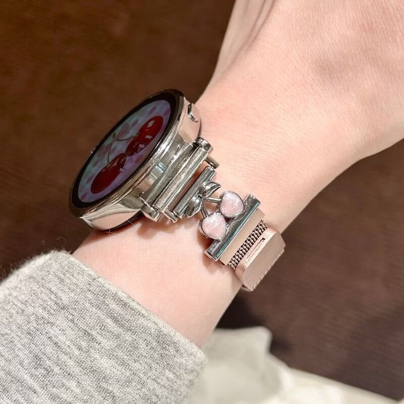 适用华为gt6表带金属磁吸watch5新款樱桃粉金米兰轻奢时尚网红女款表带 【银色-米兰尼斯】+樱桃白头粒 适用：华为Watch GT-表带22mm