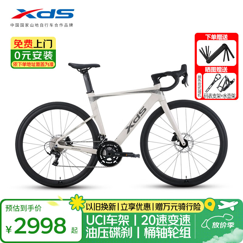喜德盛公路自行车2025款AD300中空一体牙盘桶轴20速油碟单车 白蛇48cm