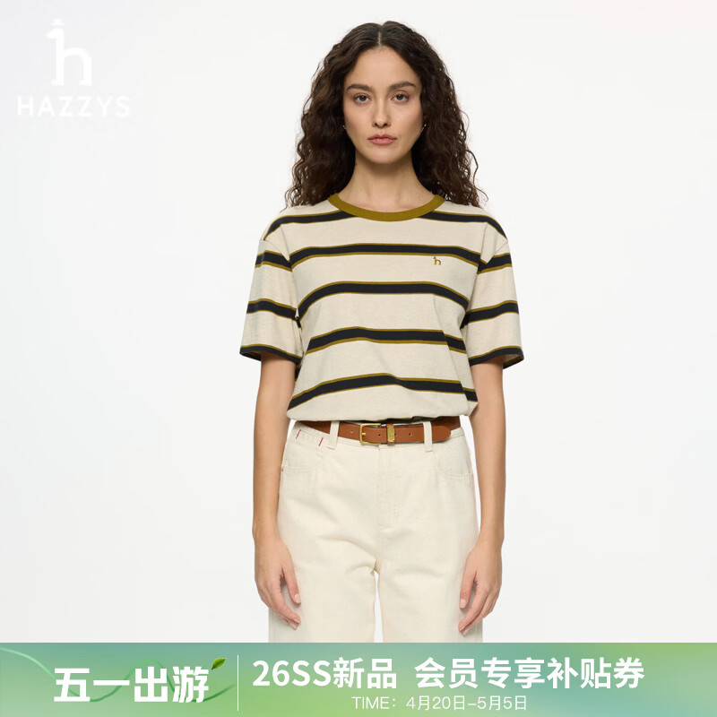 哈吉斯（HAZZYS）女装 2026夏季新款女士短袖撞色条纹棉麻宽松圆领T恤ASTSE0DBE56 乳白色IV M (160/84A 38)