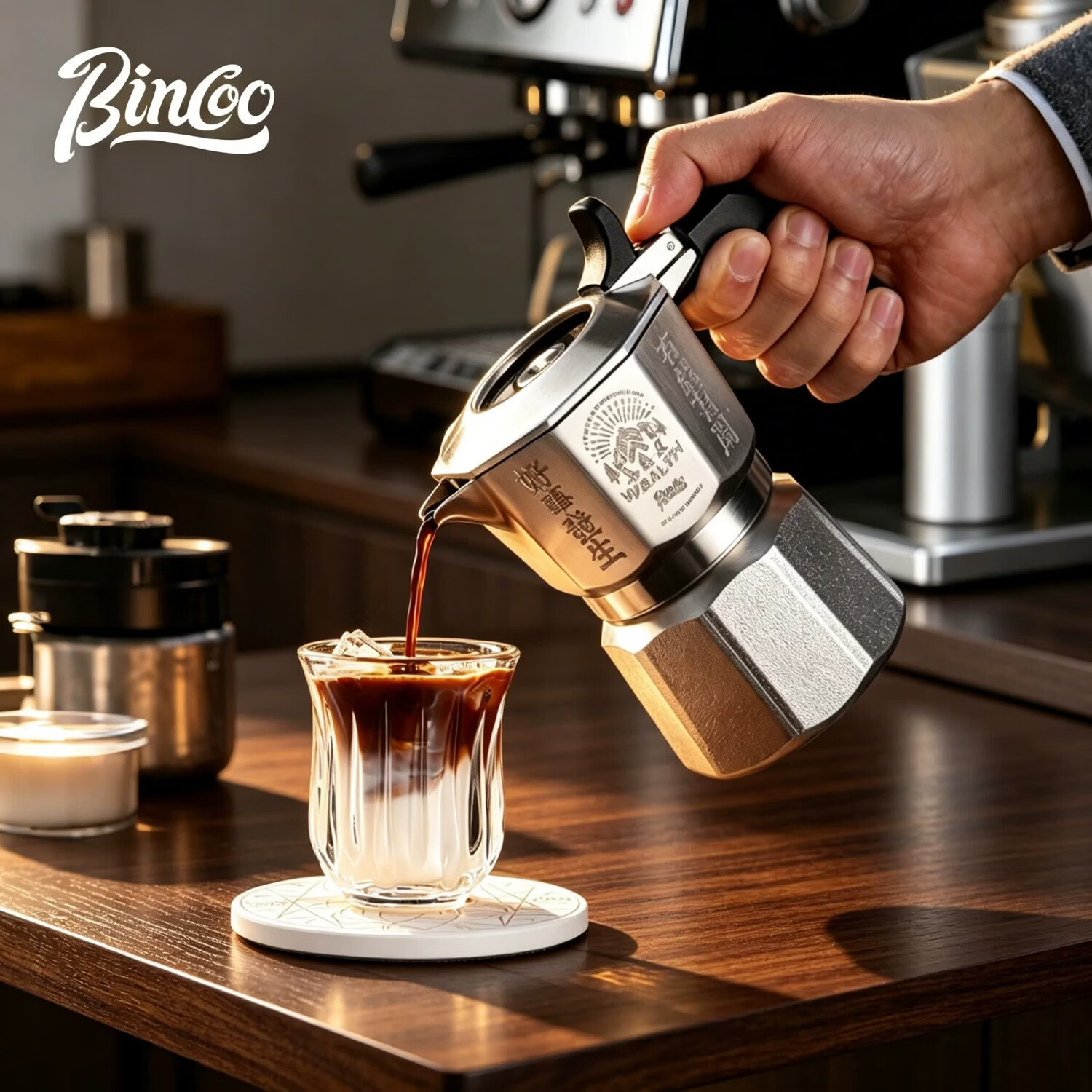 Bincoo三阀摩卡壶316不锈钢双阀家用户外全钢煮咖啡意式咖啡壶户外露营 摩卡壶（镭雕限量版）送滤纸 三阀