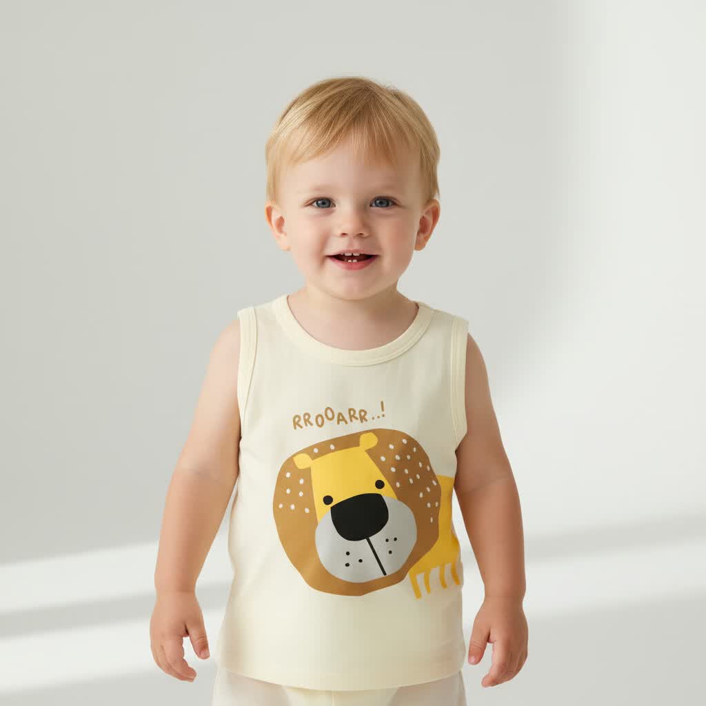 小猪大卫 PECODAVID婴儿背心夏男女宝宝薄款无袖上衣A类打底汗衫工字小背心 浅黄萌狮 100