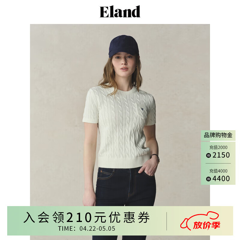 ELAND衣恋针织T恤女甜美绞花小圆领修身显瘦短袖上衣2025夏季新款 象牙白/白色(39)Ivory M /165