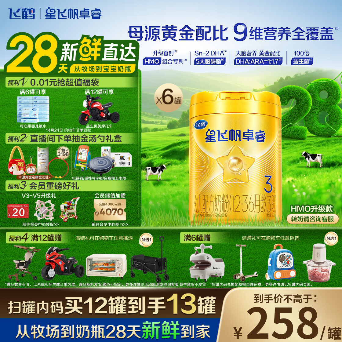 飞鹤星飞帆卓睿 3段幼儿配方奶粉(1-3岁)750g*6罐 HMO 28天新鲜直达