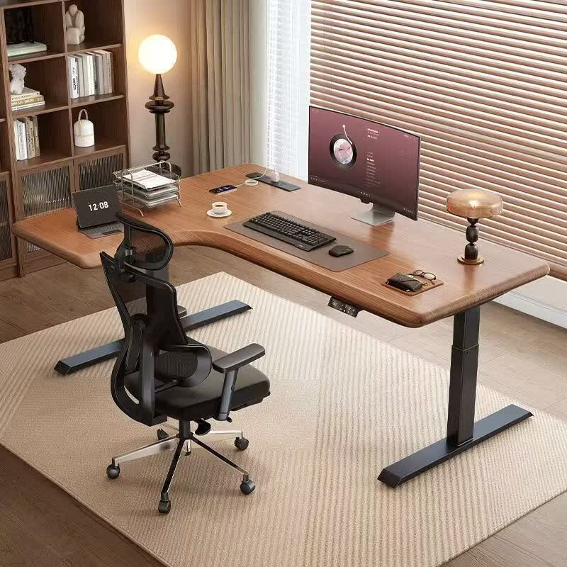 盛翘铭楚实木电动升降桌升降转角电脑桌书桌家用学习桌办公桌工作台电竞桌 【双电机】泰国/3CM橡胶木 胡桃色-左拐角 160x110x0cm