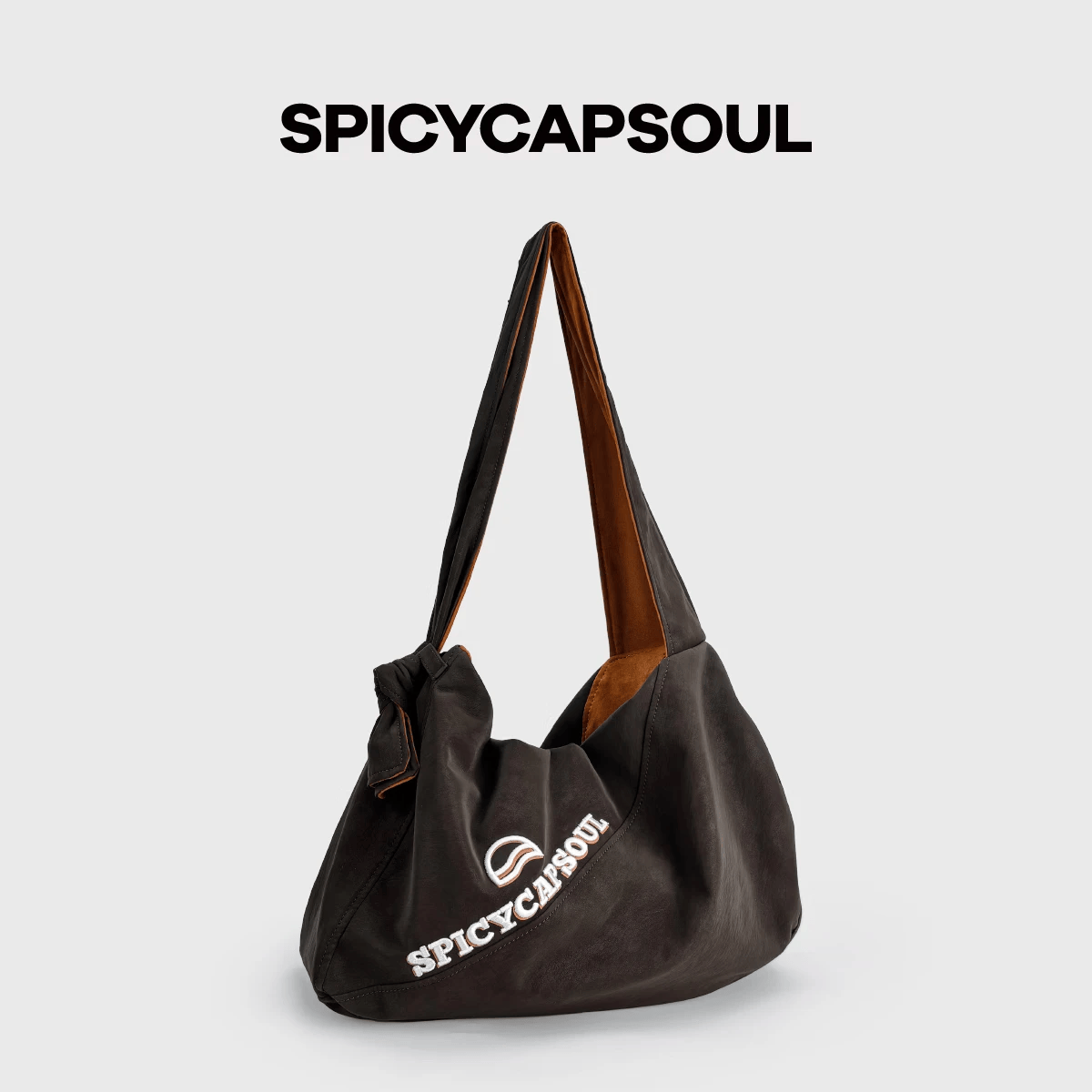 SPICYCAPSOUL【揪揪托特】池金物蛋白PU配绒布拼色绑结小众单肩斜挎托特包 【揪揪托特】乌木棕