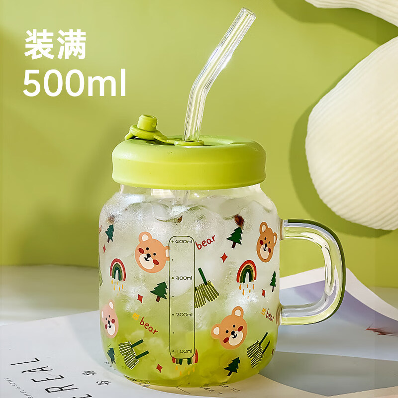 语森忆吸管玻璃杯女2026新款牛奶杯带刻度森系水杯微波炉加热办公室杯子 可爱小熊500ml+玻璃吸管
