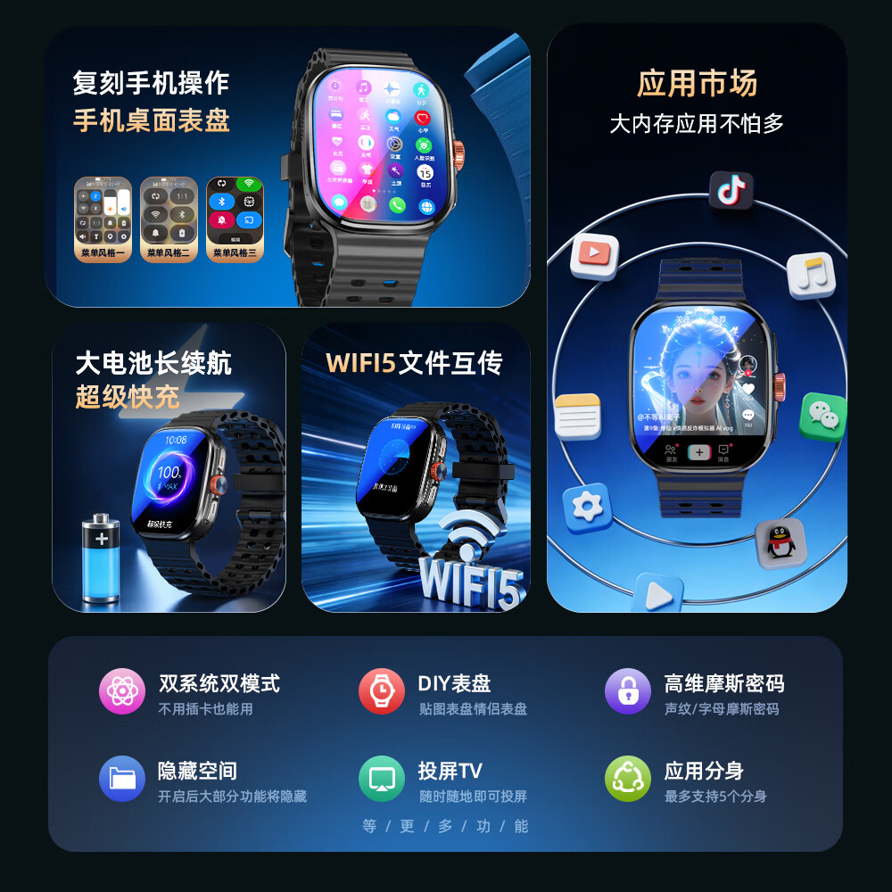 Hobsest华强北智能手表S11ultra3/S10顶配版电话手表5G全网通可插卡男女成人初高中学生多功能运动手表男 流金旗舰（插卡蓝牙双系统+支持快充+5GWIFI） 190°伸缩摄像头+NFC+抖音/游戏/小说/搜题