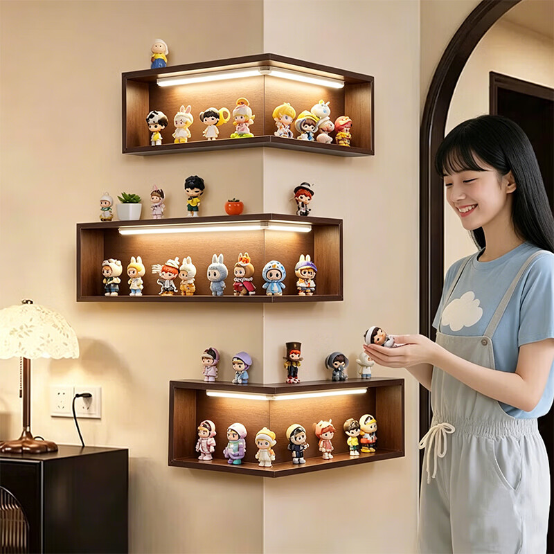 艾仕可（ASCOR）泡泡玛特手办收纳盒小野盲盒转角置物架中古风客厅墙角防尘收纳架 中古风【基础款】60*30*20CM-赠水平仪