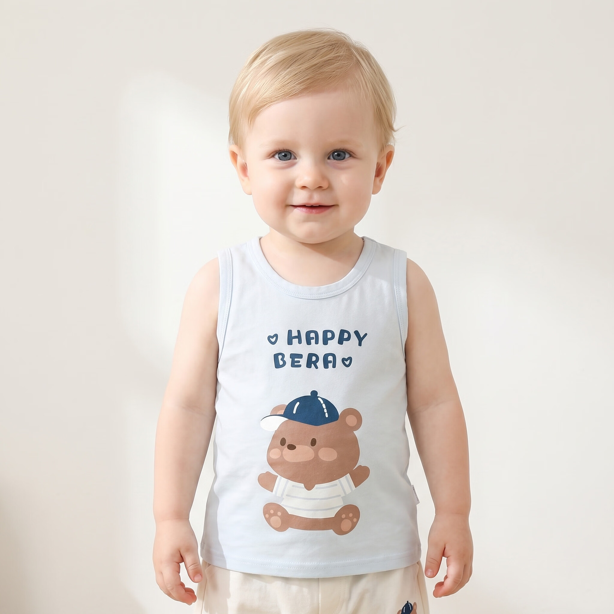 小猪大卫 PECODAVID婴儿背心夏男女宝宝薄款无袖上衣A类打底汗衫工字小背心 酷帽熊仔 100