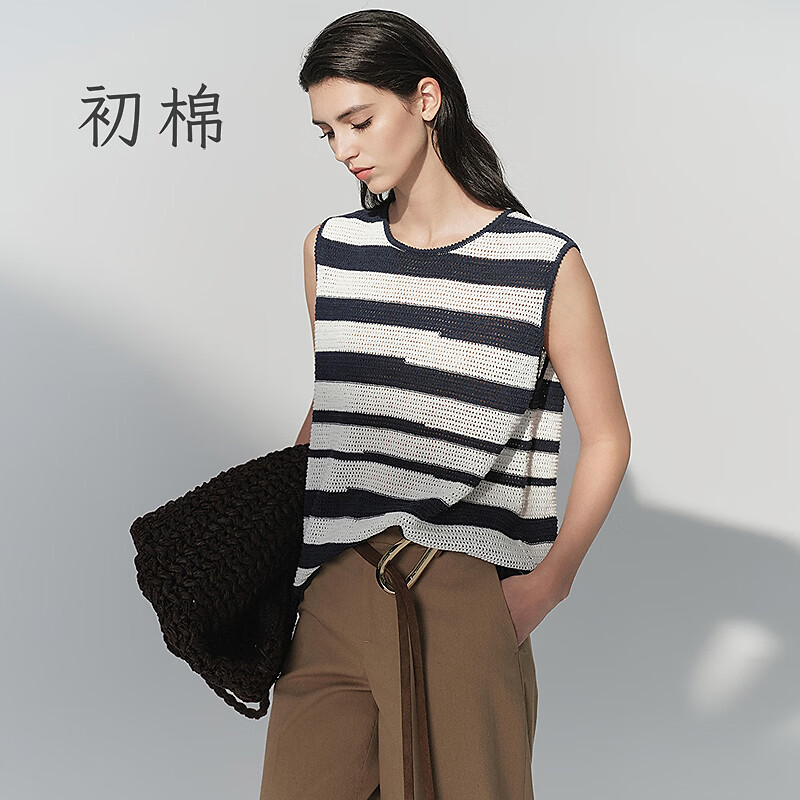 初棉棉麻粗织无袖宽松背心女26春夏条纹针织上衣镂空设计感 深海蓝条纹 M