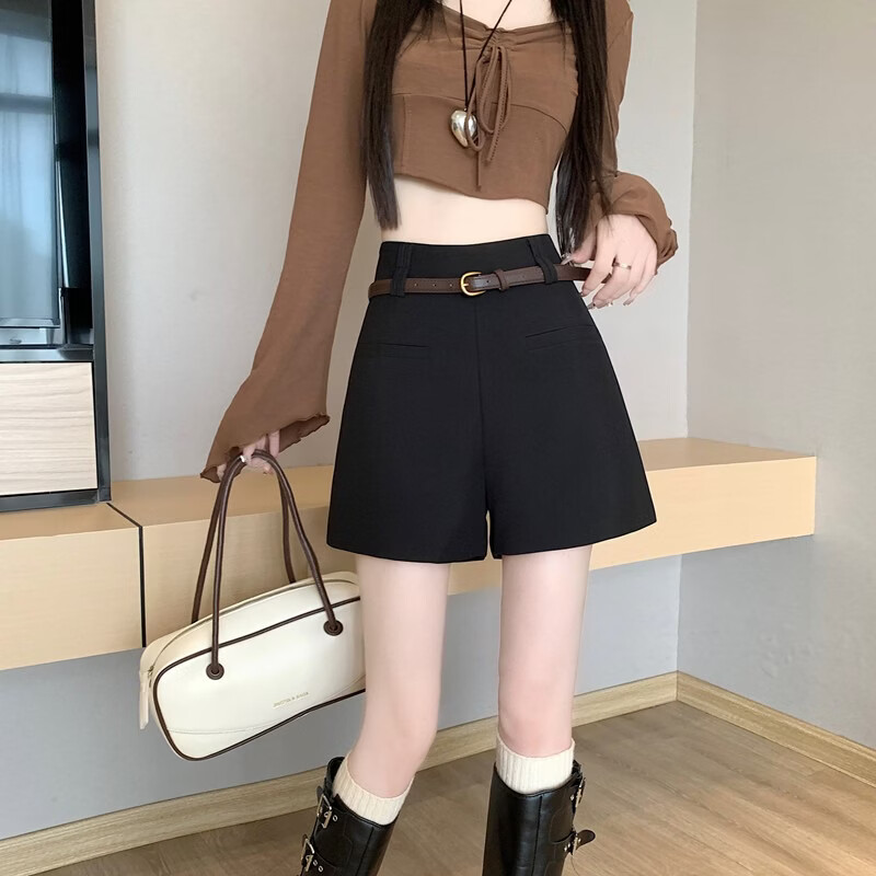 蝴蝶曼黑色西装短裤女2026新款春夏季高腰外穿A字百搭显瘦阔腿休闲裤子 黑色 【不含腰带】 XL