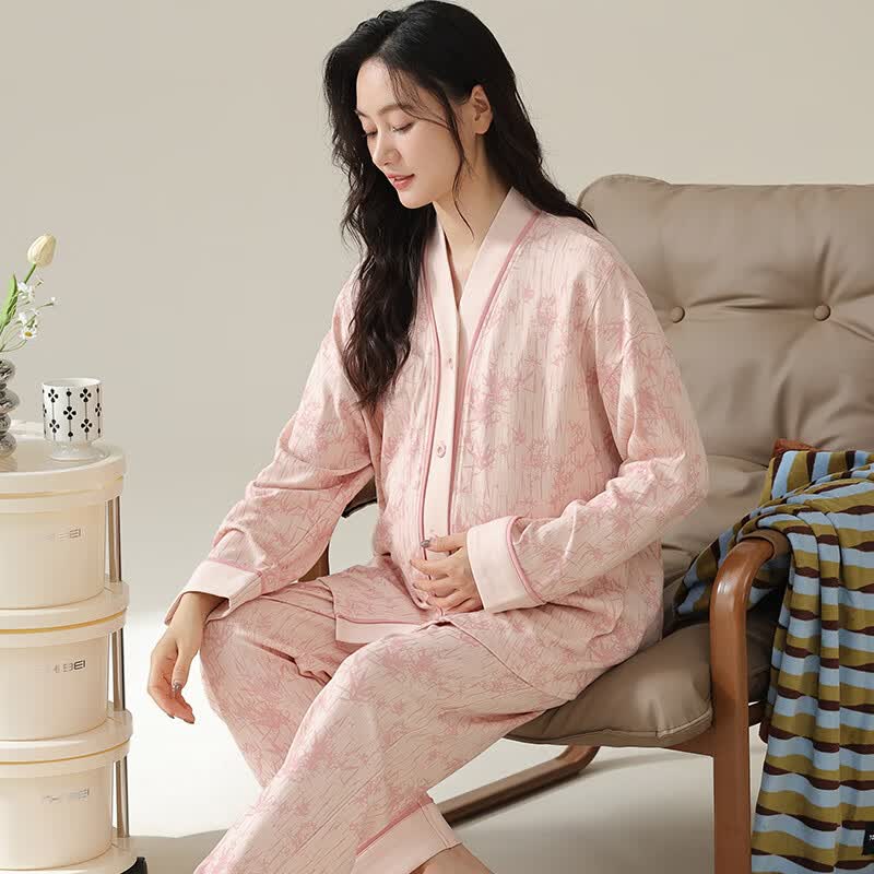 ROVO月子服产妇夏季薄款产妇孕妇睡衣套装产后哺乳家居服带胸垫 米色印花 L