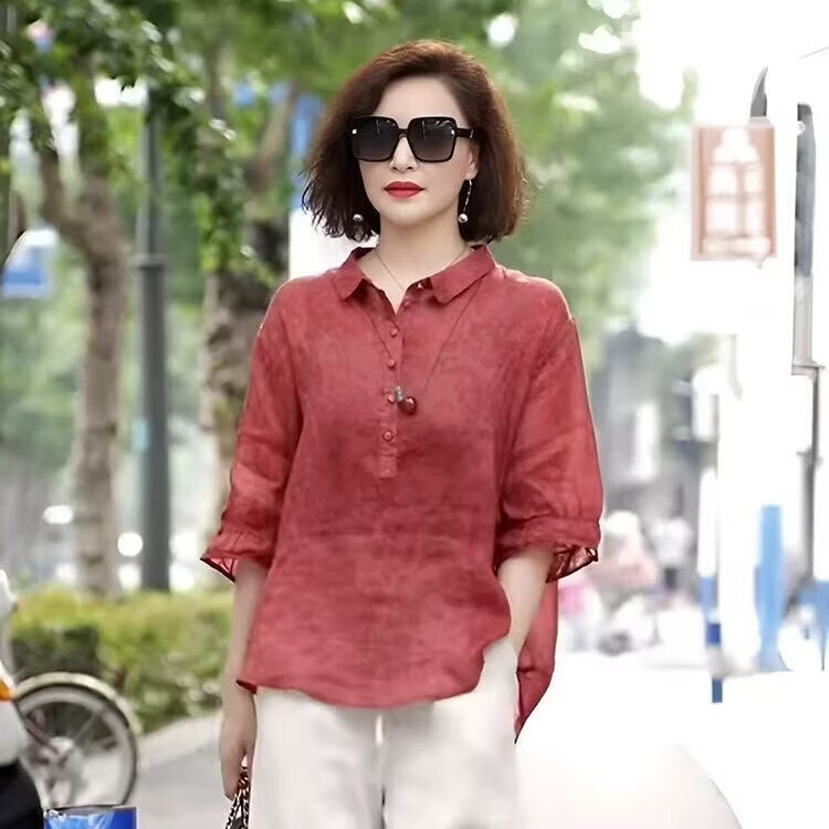 2026新款短袖T恤洋气上衣新款套装中年女装显瘦麻棉衬衫 朱砂红 2XL 【建议105-120斤】