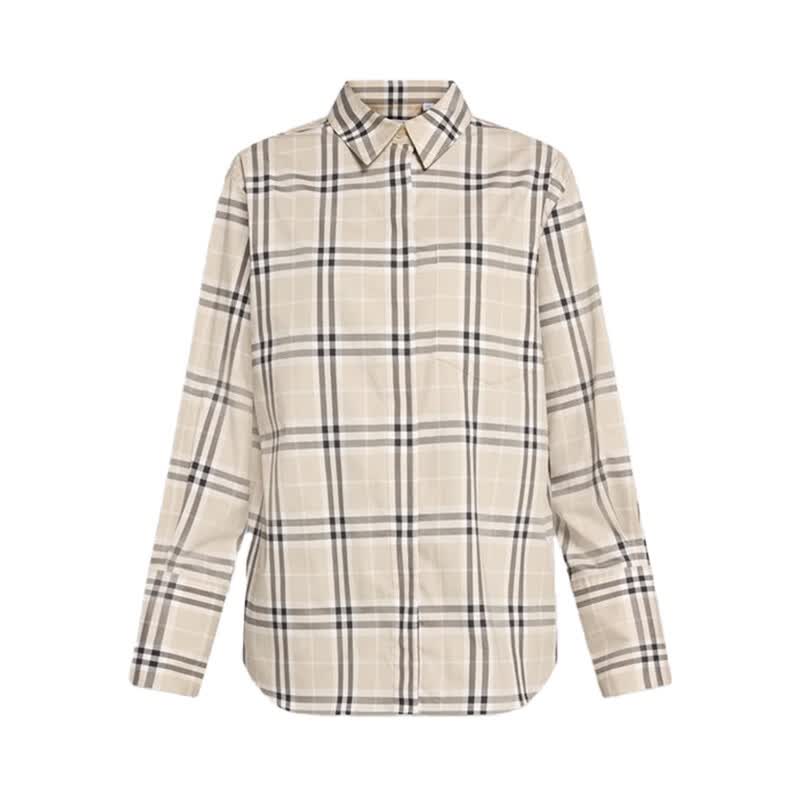 BURBERRY巴宝莉女士米色格纹满印翻领单排扣长袖衬衫S 81043971 礼物
