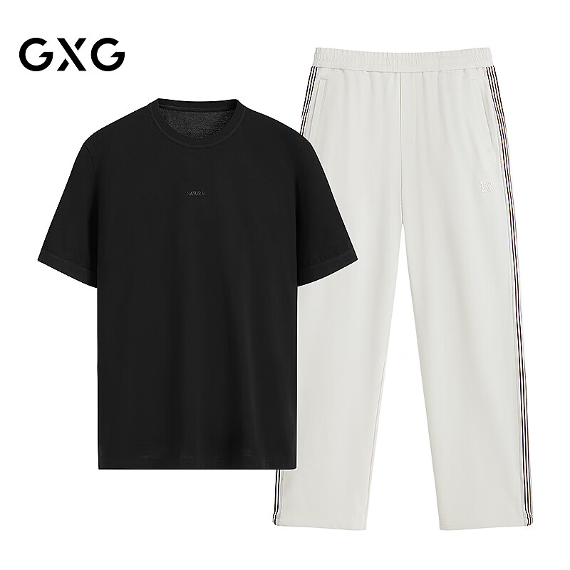 GXG男装 26年夏季短袖T恤凉感多色合体上衣肌理休闲裤通勤套装 单上装黑色 2XL