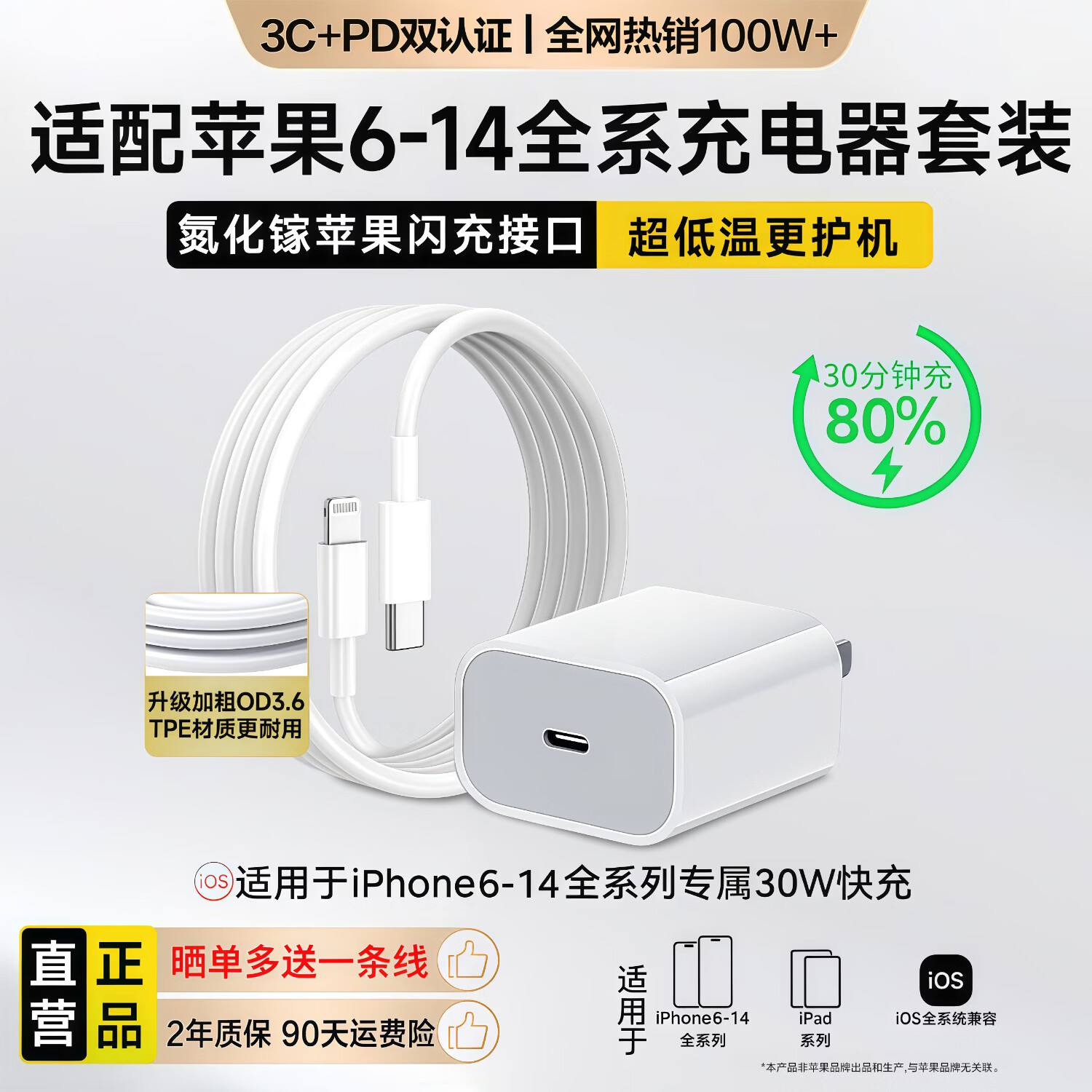 syouran苹果充电器适配原装17-6系列正品充电线氮化镓30/40W快充线PD套装iPhone14/13/12手机充电头数据线 【苹果6-14系列】30w快充头+闪充线|1米套装 【原盒封装】低温快充安全不伤机