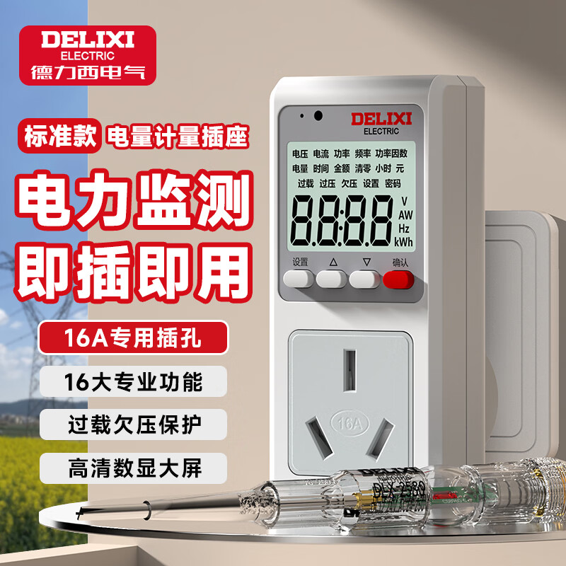 德力西电气（DELIXI ELECTRIC）电量计量插座计量器功率计测电插座电力耗电监测仪电表计度器 16A