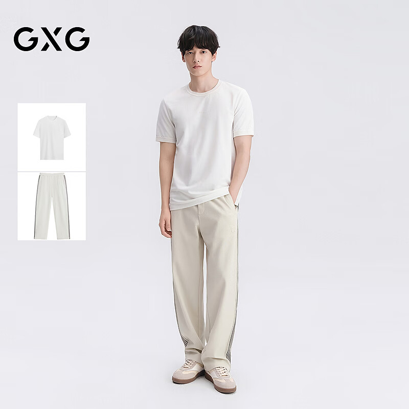 GXG男装 26年夏季短袖T恤凉感多色合体上衣肌理休闲裤通勤套装 单下装米色 M