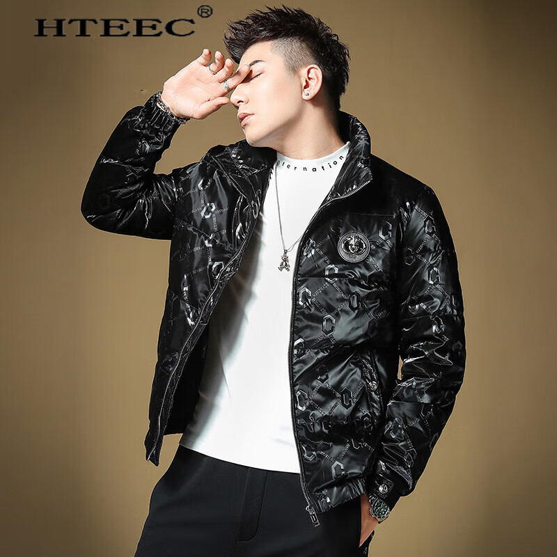 HTEEC香港潮牌2022冬季新款压花轻薄羽绒服男士保暖白鸭绒外套立领金属装饰冬款男装 黑色 XL