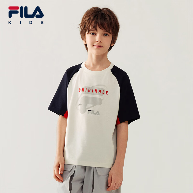 FILA斐乐儿童童装短袖T恤2026年夏季新款男中大童圆领休闲风上衣 云菇白-WT 150