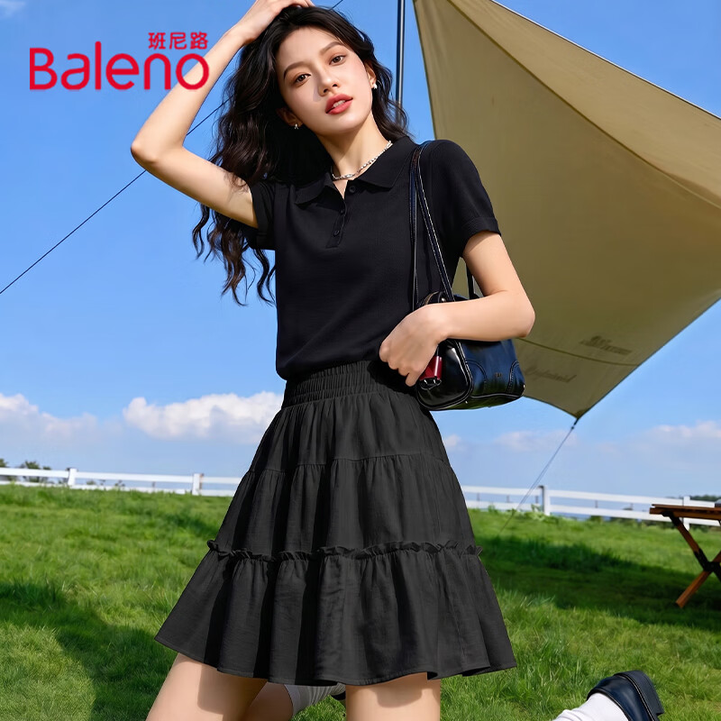 班尼路（Baleno）珠地POLO短袖T恤蛋糕半裙套装女夏季女装新款潮流时尚休闲两件套 黑#纯色+黑#纯色 S
