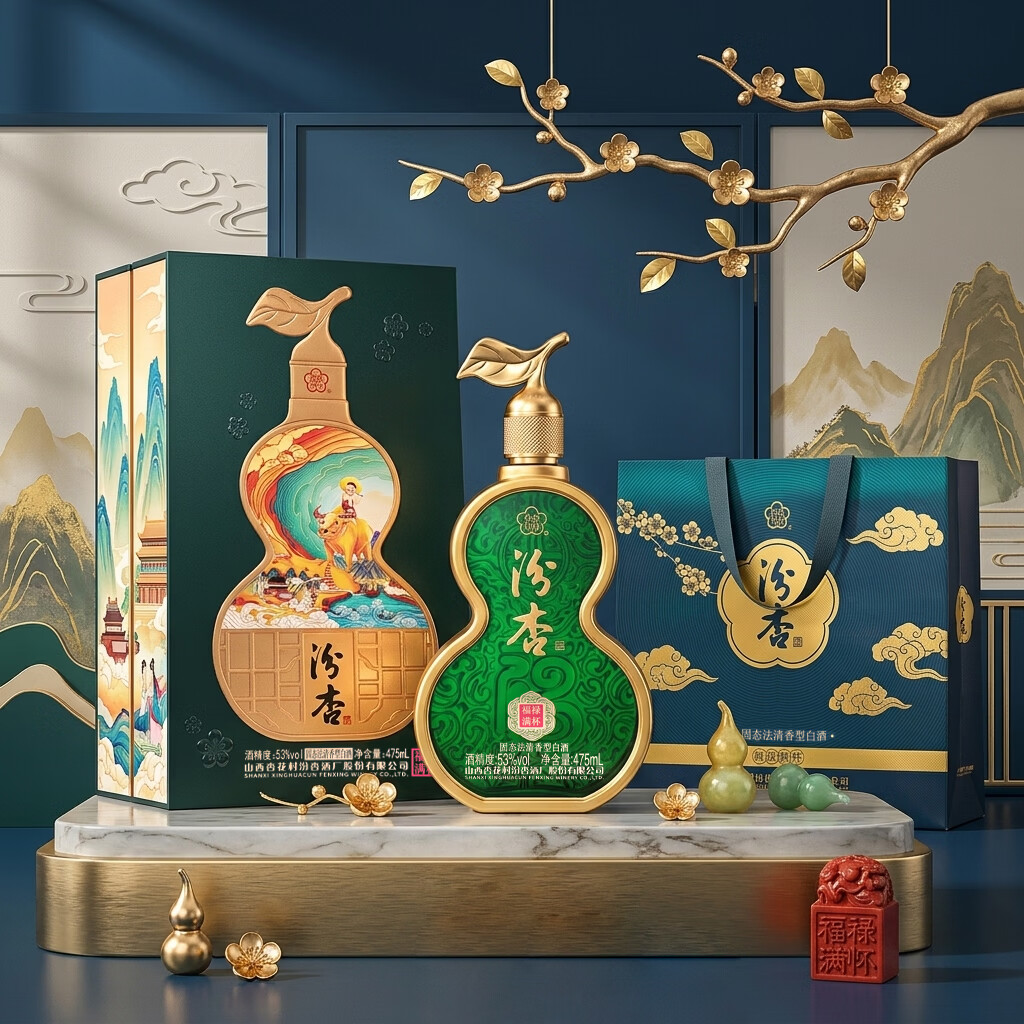 汾杏山西杏花村  清香型白酒礼盒53度 商务送礼 年货礼盒 53度 475mL 2瓶 汾杏 福禄满杯